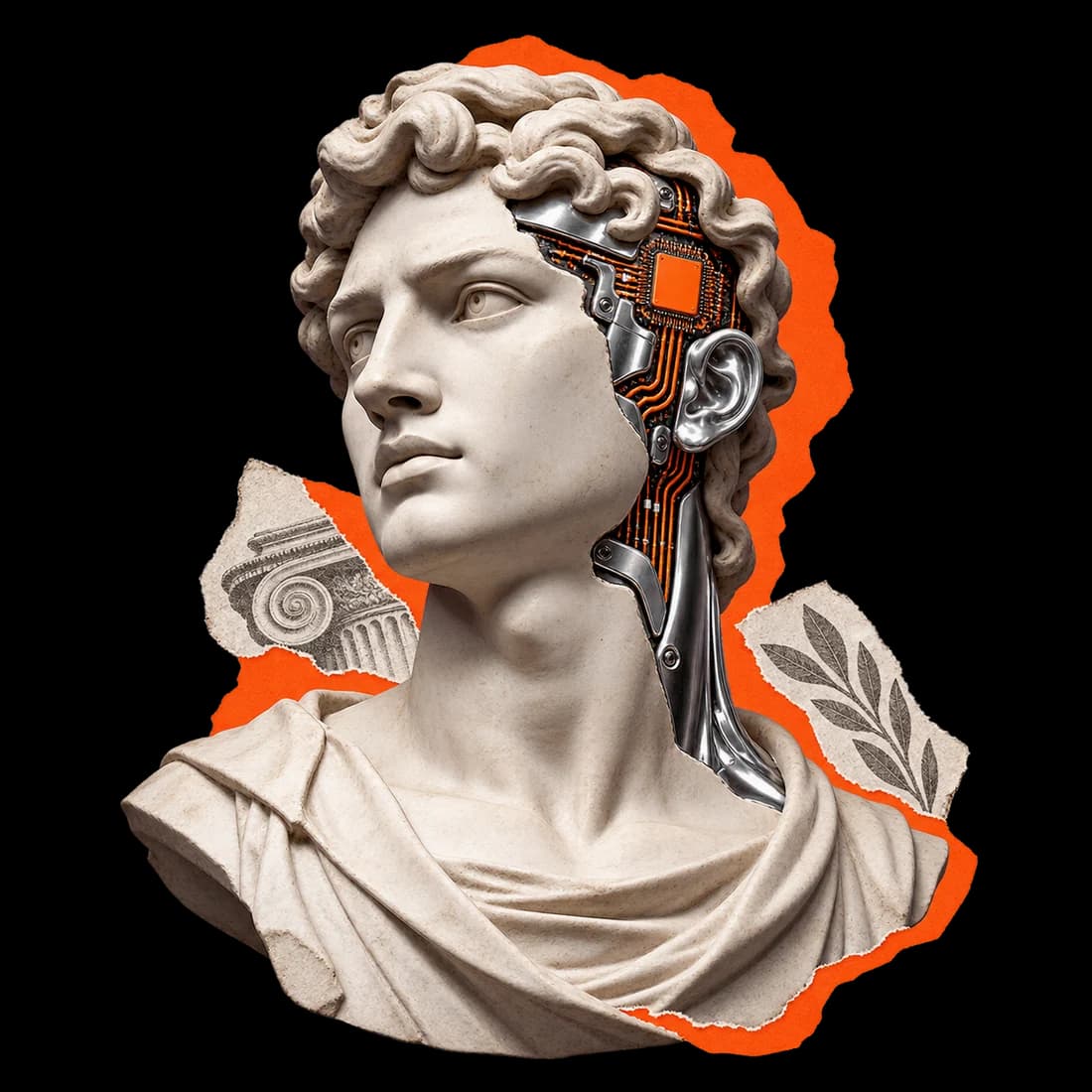 Colagem de uma escultura clássica com circuitos de inteligência artificial e recortes laranja.